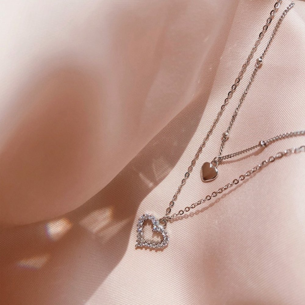925 Sterling Silver Double Layer Heart Necklace Choker-NEW - Picture 2 of 16